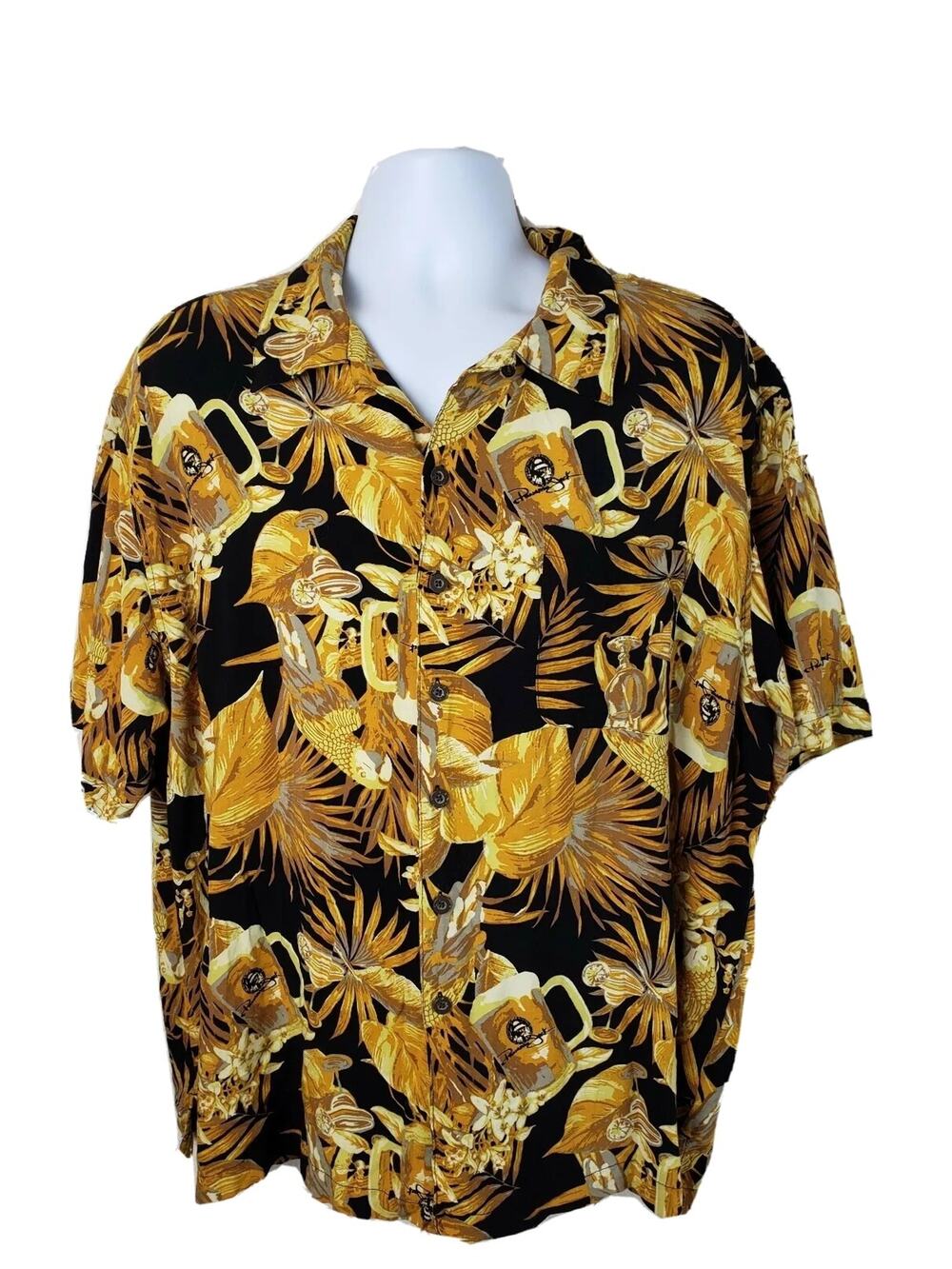 Panama Jack Hawaiian Beer Mug Button Front Black/Gold Shirt 2XL